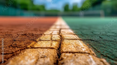 Close-up view of a worn-out baseline on a clay tennis court, focusing into the distance towards the net.