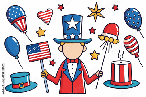 Set of USA celebration national symbols by the Fourth of July. Ideal for American Independence Day designs, party invitations, banners, and patriotic-themed graphics.Stickers.Vector illustration