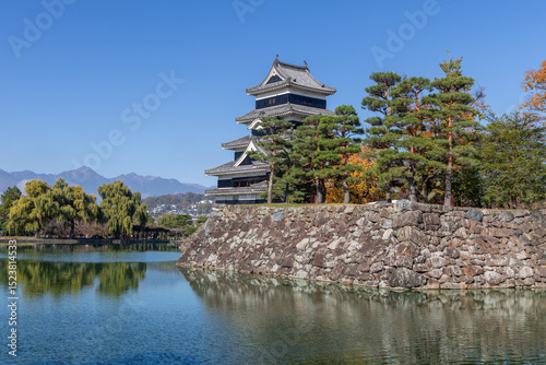 Matsumoto Castle reflected in calm moat water surrounded by pine trees and distant mountains in Nagano during sunny autumn day