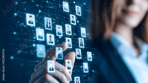 A businesswoman interacts with a digital interface displaying networked profile photos, symbolizing online connections and networking.