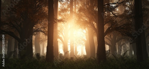 Fototapeta Naklejka Na Ścianę i Meble -  Mysterious fairytale forest, sunset in the forest, 3d rendering