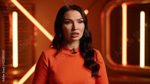 A woman dressed in an orange sweater shares her thoughts in a stylish room with striking lighting. Her poised demeanor adds to the compelling atmosphere of the discussion taking place