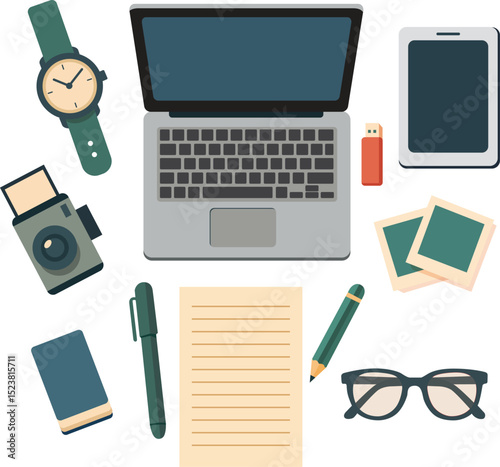 Workspace setup featuring laptop camera smartphone notebook pen glasses and watch creating productive and organized atmosphere