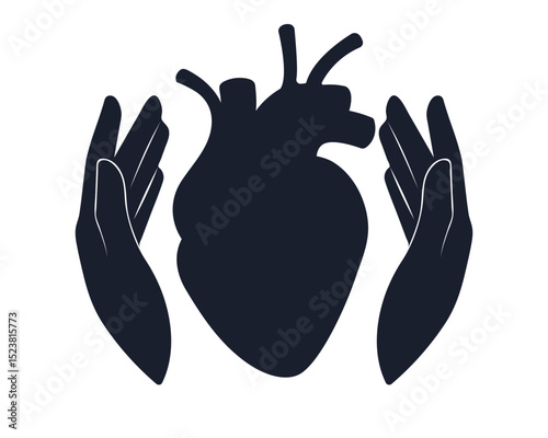 Silhouettes of black heart and hands. The icon takes care of the health of the human heart.