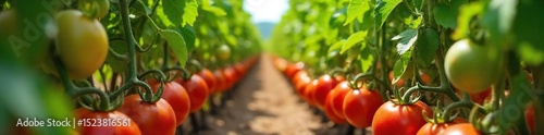 Rows of vibrant red ripe tomatoes growing on the vine in a sunny tomato field, ready for harvest Lush green foliage surrounds the plump, juicy tomatoes , garden, red, healthy