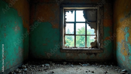 A shattered window in a derelict building, symbolizing the destructive consequences of violent crime and urban decay , urban, vandalism