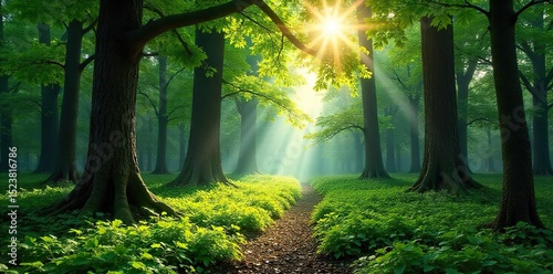 Sun-dappled beech forest floor, lush green undergrowth, ancient trees reaching for the sky Perfect for nature, woodland, and environmental themes , springtime, forest, shadow