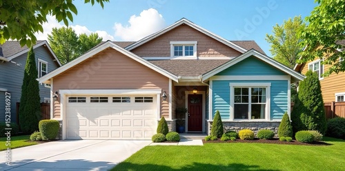 Newly painted suburban house, fresh coat of vibrant color, charming curb appeal, beautiful landscaping, inviting entryway, modern home exterior , exterior paint, house painting, freshly painted