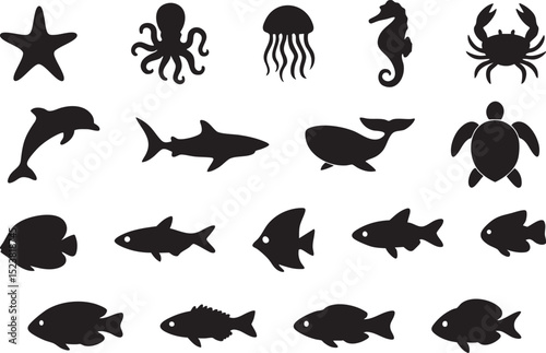 Silhouette vector collection of ocean creatures. Includes fish, whale, jellyfish, starfish, and marine life in simple black shapes for nautical or underwater themes.