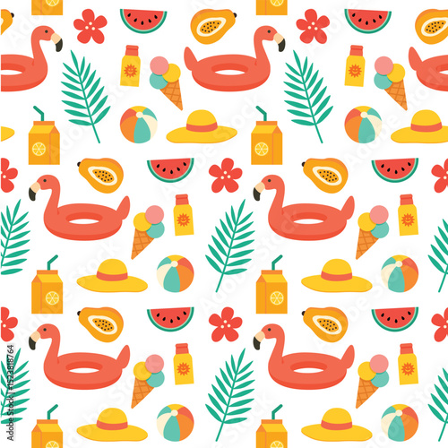 Playful seamless summer pattern vector. Bright and fun design with beach items, sunglasses, fruits, and sun elements for wrapping, textiles, and seasonal branding.