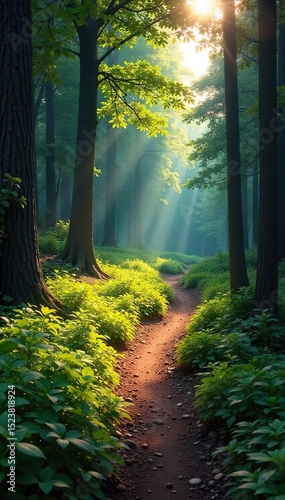 A scenic hiking trail winds through a lush forest, sunlight dappling the path ahead Discover tranquility and adventure on this idyllic woodland escape , tranquility, escape, foliage