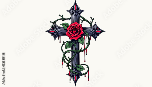 Gothic patterns featuring tattoo elements with blood droplets, a gothic cross entwined with thorny vines and a rose
