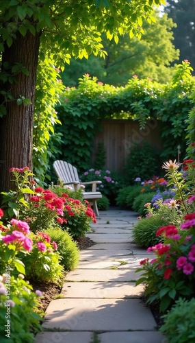 A vibrant patio garden overflowing with colorful flowers and lush greenery, creating a relaxing outdoor oasis Perfect for summer evenings and entertaining , stone, tranquil