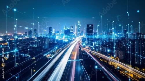 Night City Skyline Aerial View With Digital Network