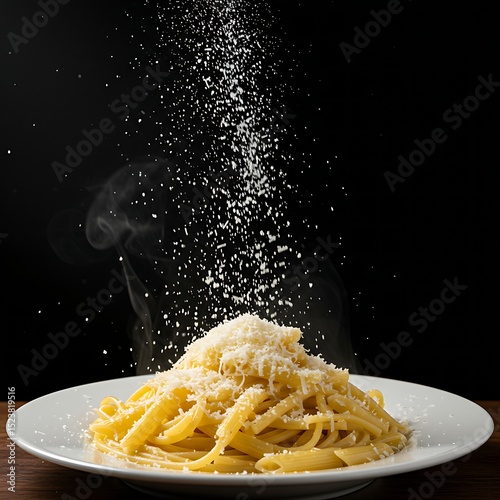 grated parmesan cheese falling onto a plate of steaming pasta. Highlight the light, fluffy texture of the grated cheese. Mouthwatering finishing touch to a classic dish.