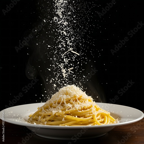 grated parmesan cheese falling onto a plate of steaming pasta. Highlight the light, fluffy texture of the grated cheese. Mouthwatering finishing touch to a classic dish.