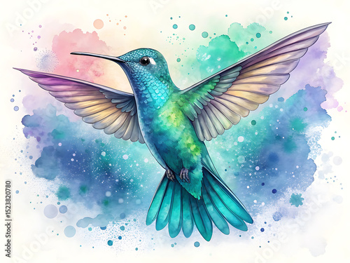Watercolor Hummingbird in Flight with Colorful Background Splatters and Detailed Wing Feathers