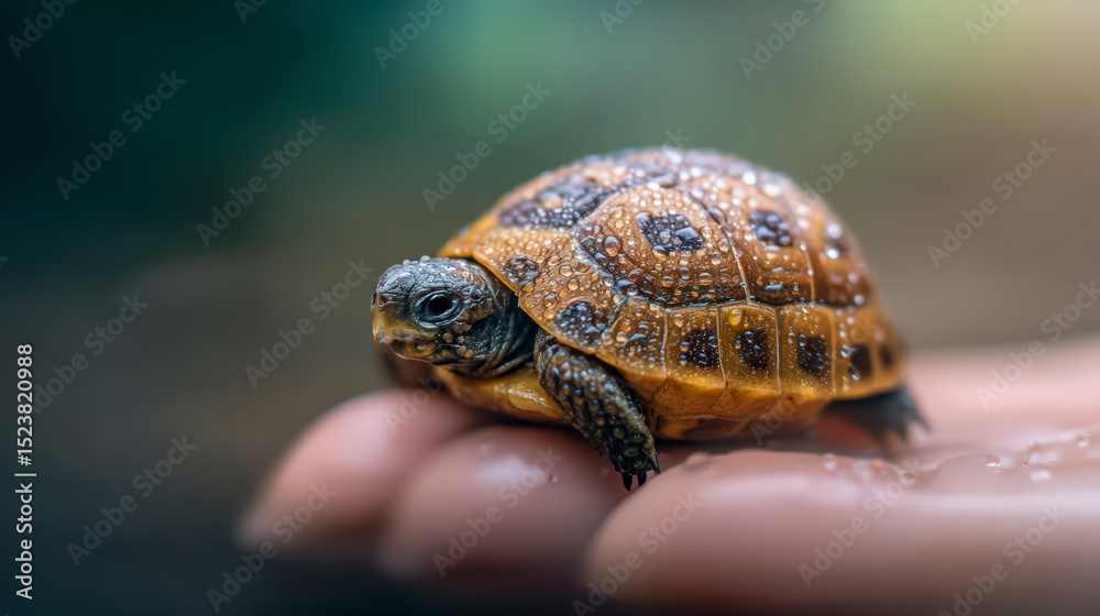 Obraz premium A tiny tortoise rests on a human hand, showcasing intricate shell patterns amidst a softly blurred natural background.