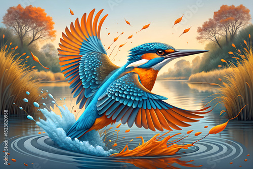 Vibrant Kingfisher Soaring Above Water with Autumnal Landscape in the Background