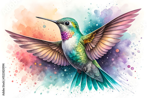 Watercolor Hummingbird in Flight with Vibrant Colors and Artistic Splatters