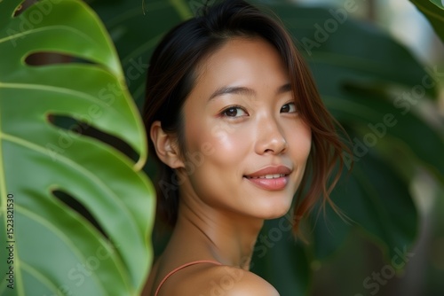 New Face: Eco-Friendly Beauty of Asian Woman with Tropical Leaf
