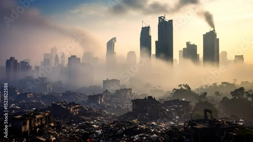 Sunrise Over City Ruins With Foggy Skyscrapers