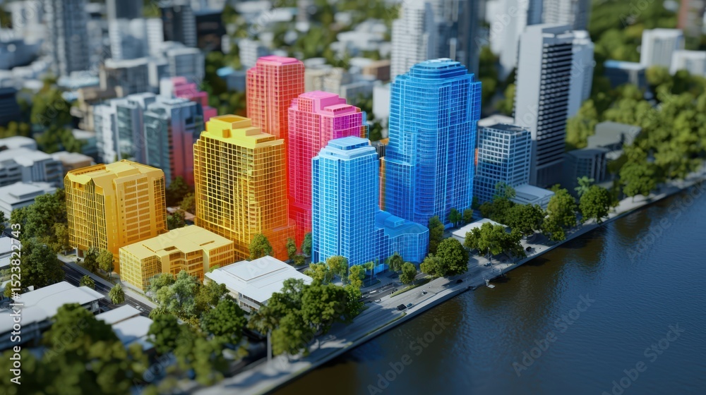 Obraz premium Colorful modern skyscrapers by the river.