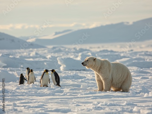 An Unlikely Encounter. A Polar Bear Meets a Group of Emperor Penguins in Antarctica.