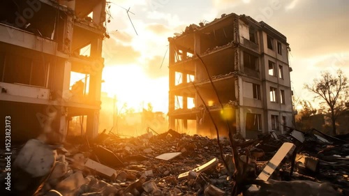 Destroyed Buildings At Sunset