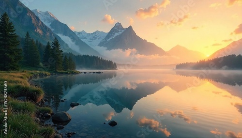 A serene landscape featuring a misty mountain range at sunrise, with a tranquil lake reflecting the golden light Perfect for travel, nature, and serenity themes , clouds, landscape