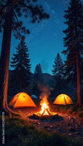 A crackling campfire under a starlit sky, illuminating tents pitched amongst towering trees in a peaceful summer campsite Perfect for travel, adventure, and nature themes , light, tent, vacation