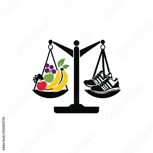 Balanced Life: The essence of a healthy lifestyle is portrayed with the balanced juxtaposition of fresh fruit and fitness sneakers on a symbolic scale.