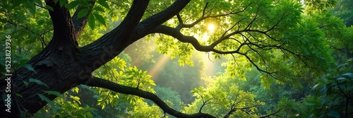 Intricate network of interwoven tree branches, sunlight dappling through leaves, creating a natural textured background Perfect for nature, rustic, and woodland themes , flora, organic, fall