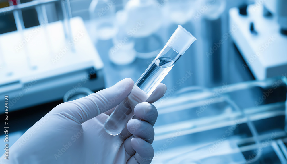 Fototapeta premium Close-up of a gloved hand holding a test tube with clear liquid. Modern lab background with soft blur. Ideal for healthcare, diagnostics, science, and biotech themes
