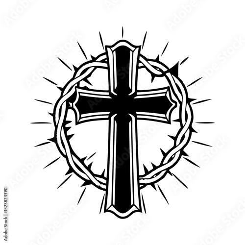 Cross with crown of thorns icon. Black silhouette cross in thorns on white background. Vector illustration.