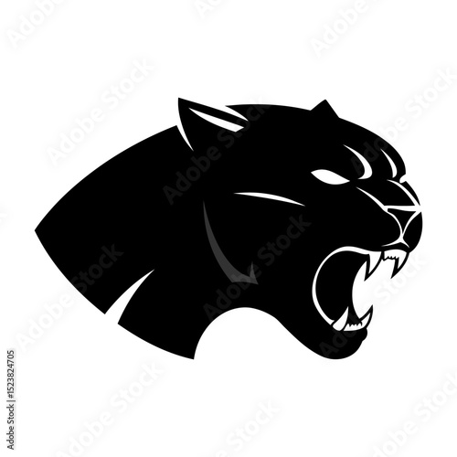 Angry black panther head icon. Black panther head with bared teeth and white eyes, looking to the left, isolated on white background. Vector illustration.