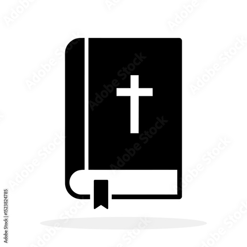 Bible icon. Black closed Bible icon with white cross on the cover isolated on white background. Vector illustration.