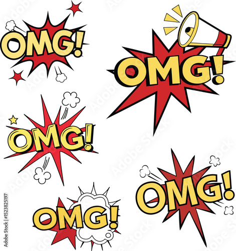 A digital illustration in a comic book style, featuring multiple instances of the exclamation "OMG!" in yellow outlined text, each set within a red, spiky, or cloud-shaped speech bubble. Some elements