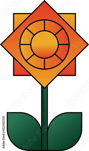 A bright geometric flower in flat design style. The flower is created using simple shapes like circles, triangles, and squares. The color palette includes vibrant red, yellow, green, and orange. Suita