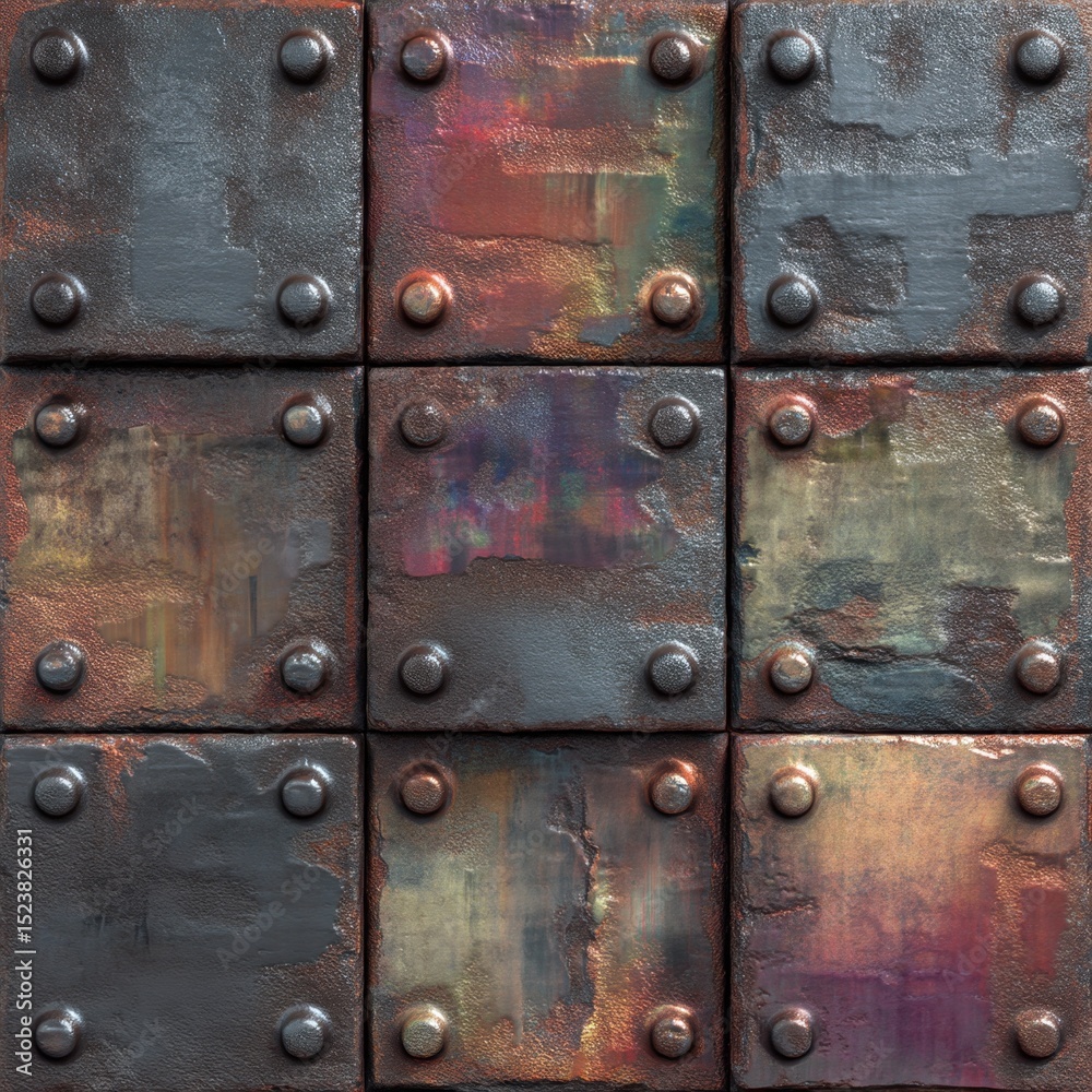 Fototapeta premium Rusted metallic plates with rivets forming an abstract industrial background.