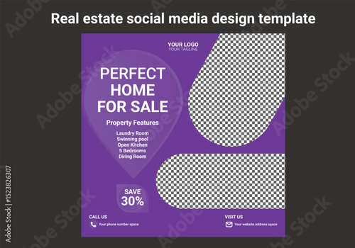 Real estate social media template design. Modern banner design with place for the photo. Usable for social media feed and story.