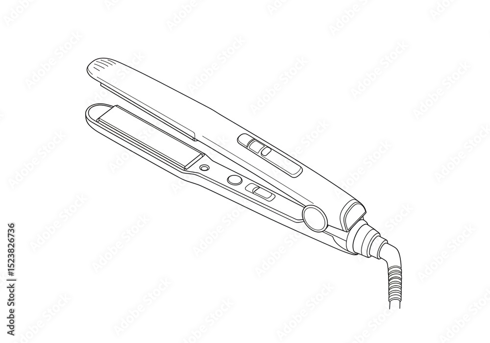 Fototapeta premium Outline drawing of a hair straightener with visible plates and cord on a white background design