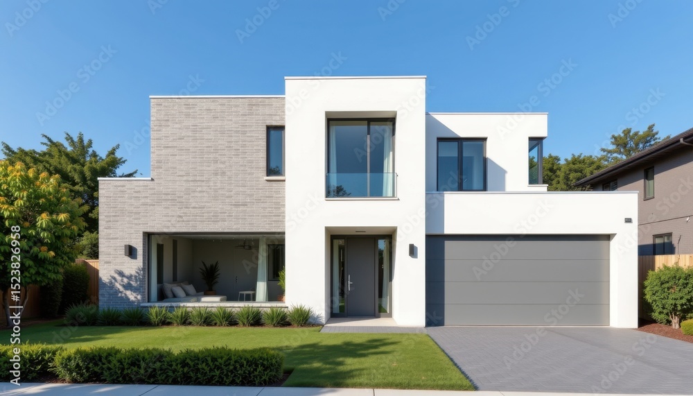 Fototapeta premium Modern home exterior design suburban area real estate photography clear sky front view contemporary architecture