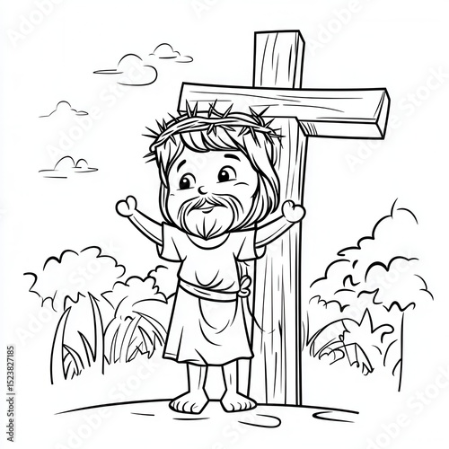Jesus with beard and crown of thorns, hands nailed to the cross, he is hanging on the cross, blood is flowing from the wounds