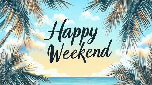 Happy Weekend text against palm trees and sea background - summer vacation