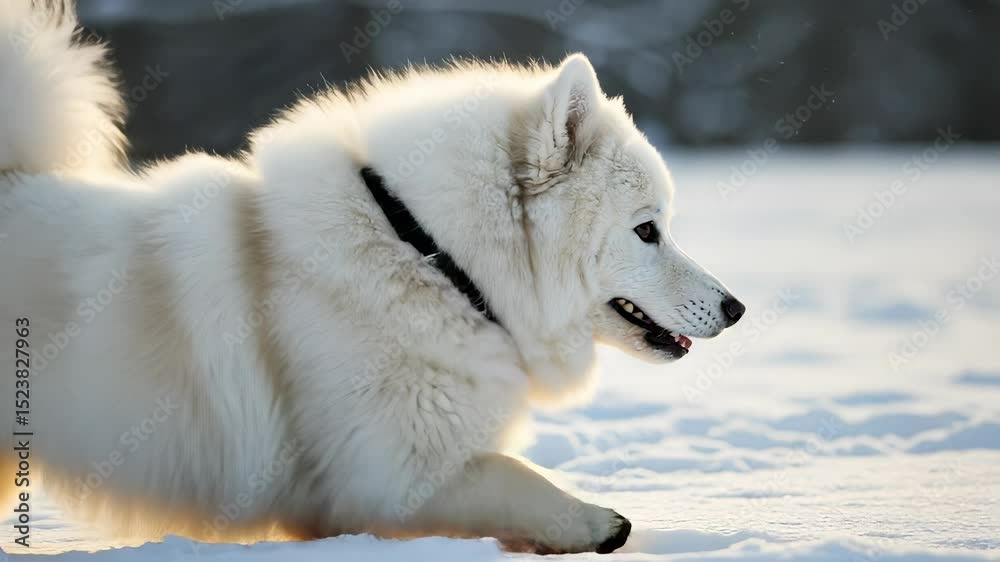 Majestic Samoyed dog frolicking in pristine snow captures the essence of winter bliss Majestic Samoyed dog frolicking in pristine snow captures the essence of winter bliss