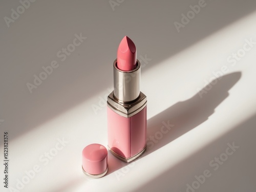 Elegant Pink Lipstick with Silver Accents and Sunlight Shadow on a White Background.