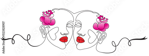 Two Abstract female faces with wavy hair and beautiful flowers. Hand drawn black and white line art. Outline vector illustration