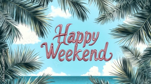 Happy Weekend text against palm trees and sea background - summer vacation