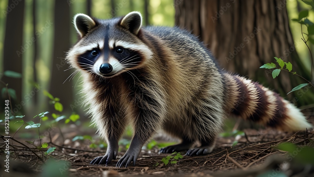 Fototapeta premium Curious Raccoon Exploring the Forest, Woodland Wildlife Moment